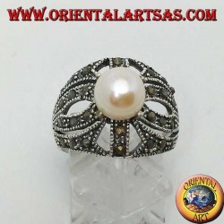 Silver ring with natural pearl set on an openwork cross frame studded with marcasite