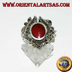 Silver ring with oval carnelian surrounded by marcasite studded leaves