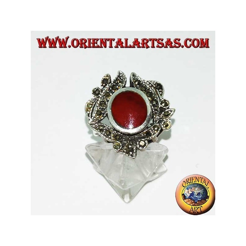 Silver ring with oval carnelian surrounded by marcasite studded leaves