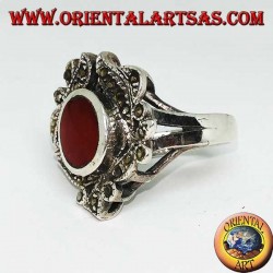 Silver ring with oval carnelian surrounded by marcasite studded leaves