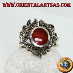 Silver ring with oval carnelian surrounded by marcasite studded leaves