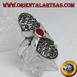 Silver ring with oval carnelian smooth cross and oval perforated canvas studded with marcasites