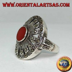 Silver ring with oval carnelian on a marcasite stud setting