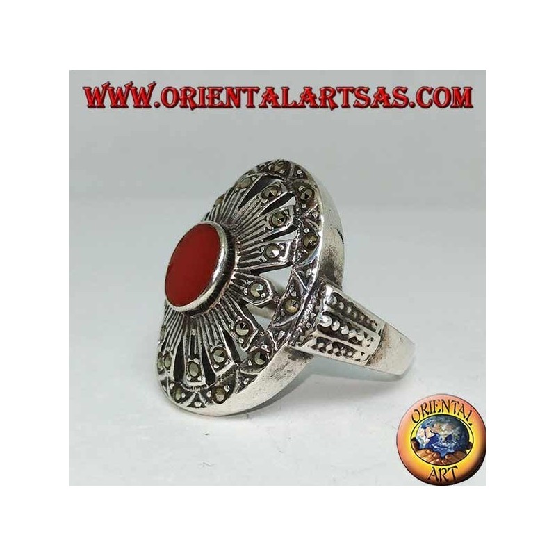 Silver ring with oval carnelian on a marcasite stud setting