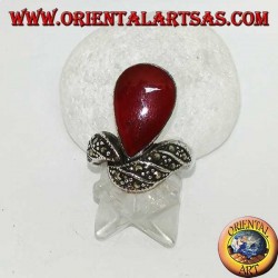 Silver ring with teardrop carnelian and band studded with marcasites