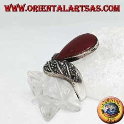 Silver ring with teardrop carnelian and band studded with marcasites