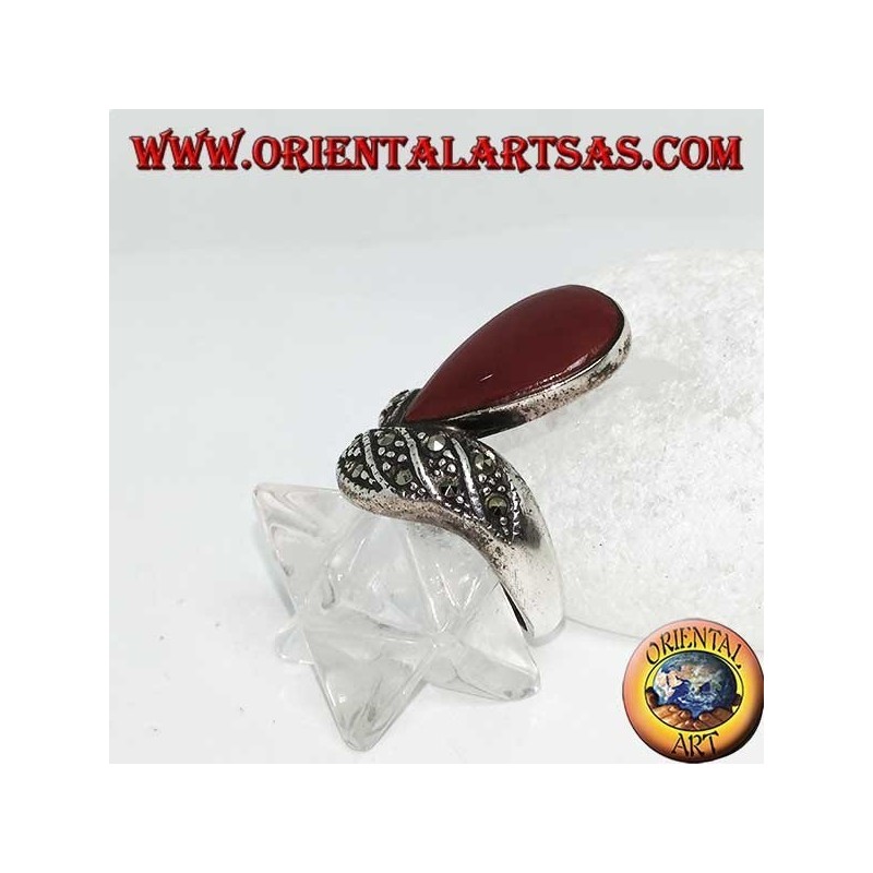 Silver ring with teardrop carnelian and band studded with marcasites