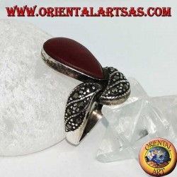 Silver ring with teardrop carnelian and band studded with marcasites