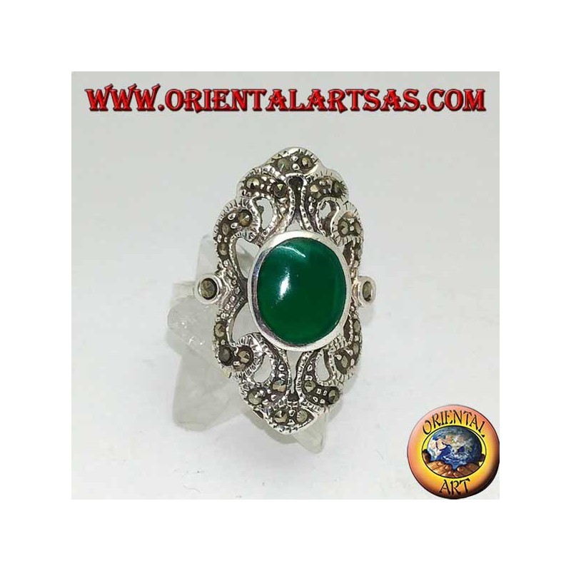 Silver ring with oval green agate on an openwork baroque setting studded with marcasites