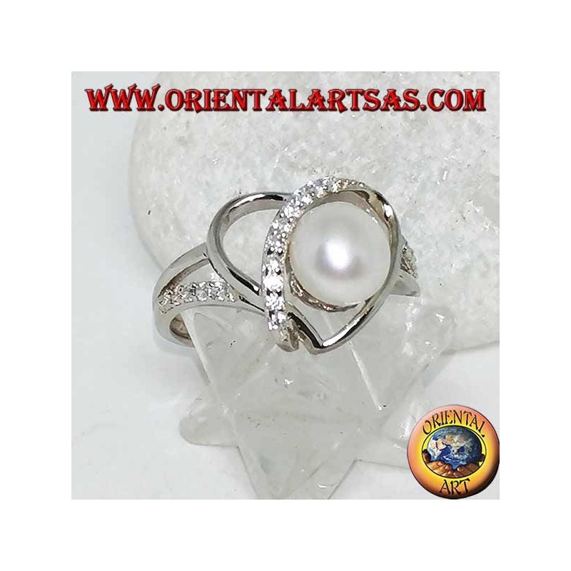 Silver ring with heart-shaped weave with natural pearl and zircons