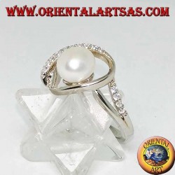 Bague en argent avec tissage en forme de coeur avec perle naturelle et zircons
