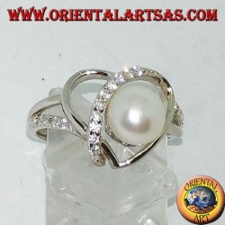 Bague en argent avec tissage en forme de coeur avec perle naturelle et zircons