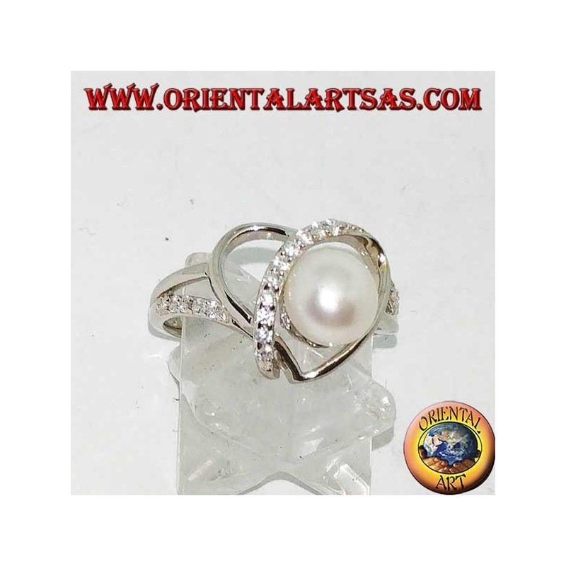 Anello in argento con intreccio a forma di cuore con perla naturale e zirconi