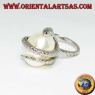 Silver ring with white ovoid pearl wrapped in a snake