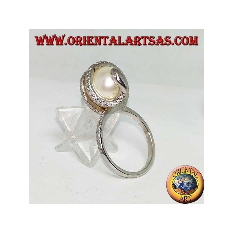 Silver ring with white ovoid pearl wrapped in a snake