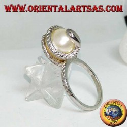 Silver ring with white ovoid pearl wrapped in a snake