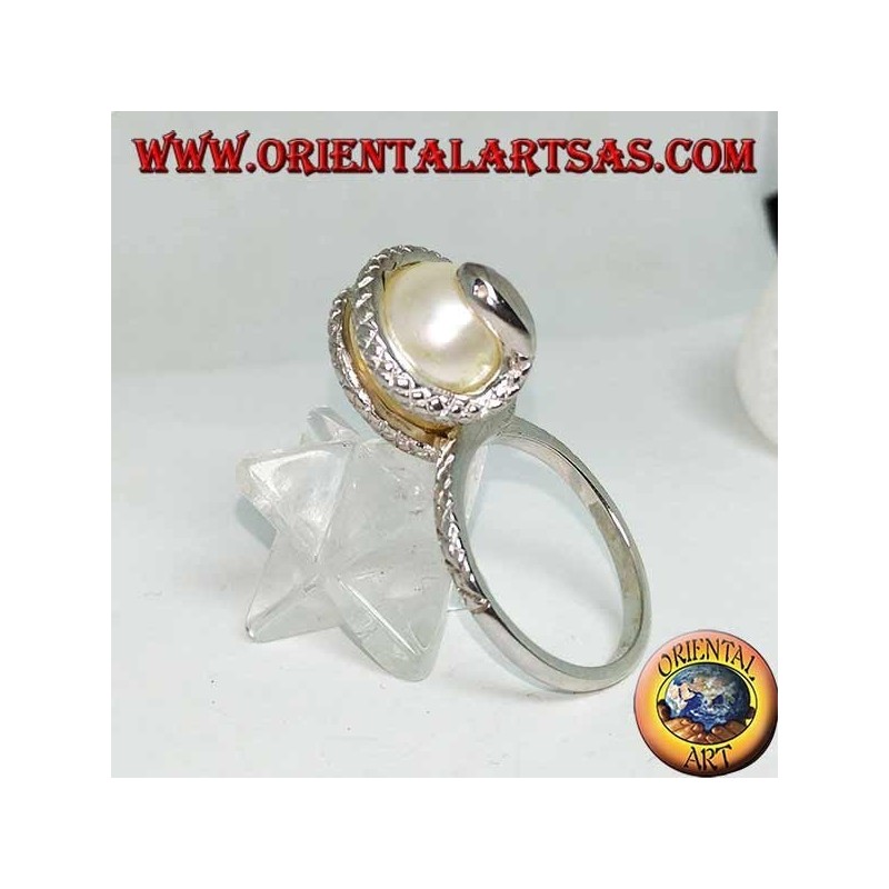 Silver ring with white ovoid pearl wrapped in a snake