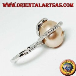 Silver ring with pink ovoid pearl wrapped in a snake