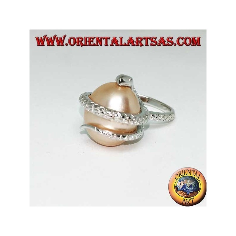 Silver ring with pink ovoid pearl wrapped in a snake