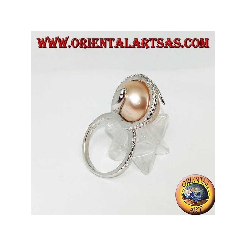 Silver ring with pink ovoid pearl wrapped in a snake