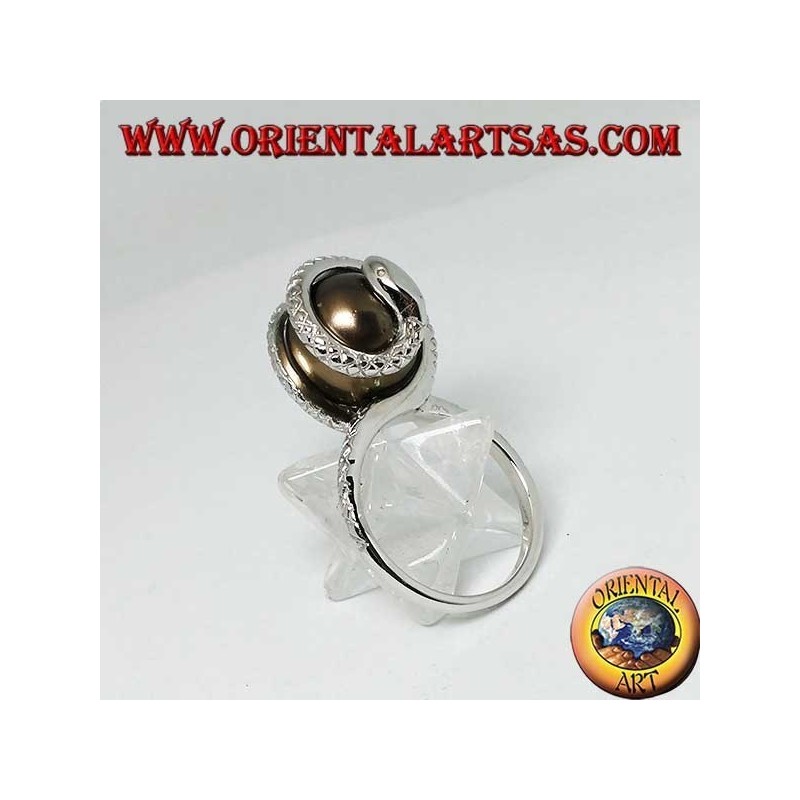 Silver ring with gray ovoid pearl wrapped in a snake