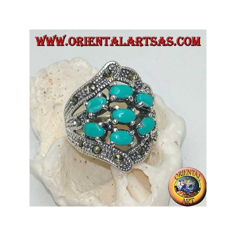 Silberring mit sieben ovalen Türkis und Markasit
