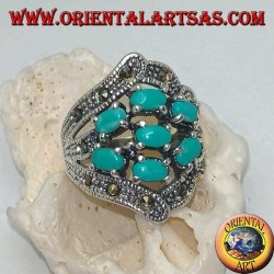 Bague en argent avec sept turquoise ovale et marcassite