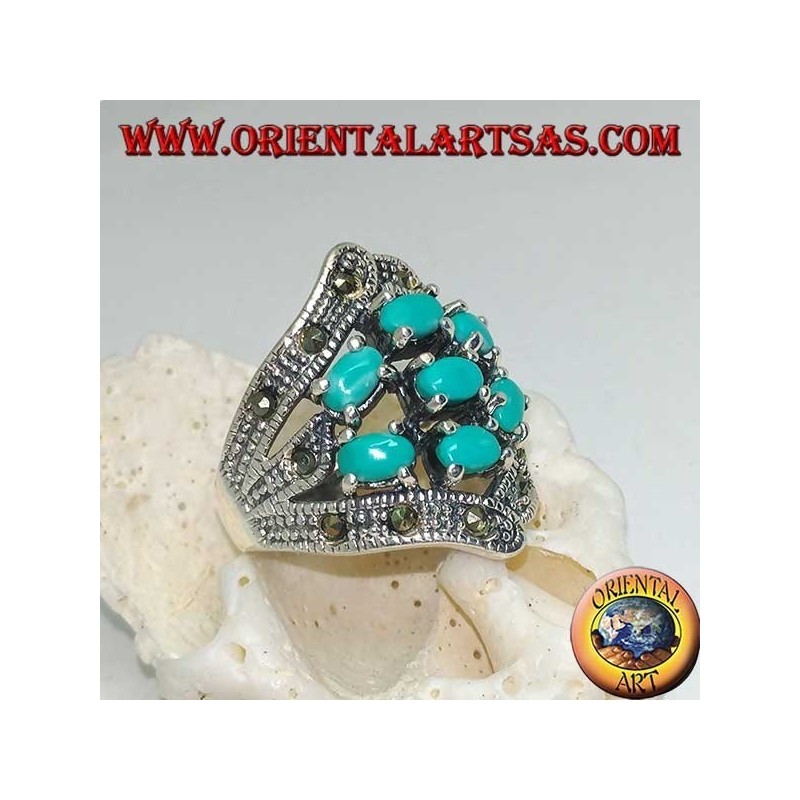 Bague en argent avec sept turquoise ovale et marcassite