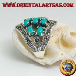 Bague en argent avec sept turquoise ovale et marcassite