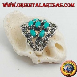Bague en argent avec sept turquoise ovale et marcassite