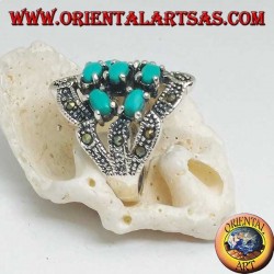 Bague en argent avec sept turquoise ovale et marcassite
