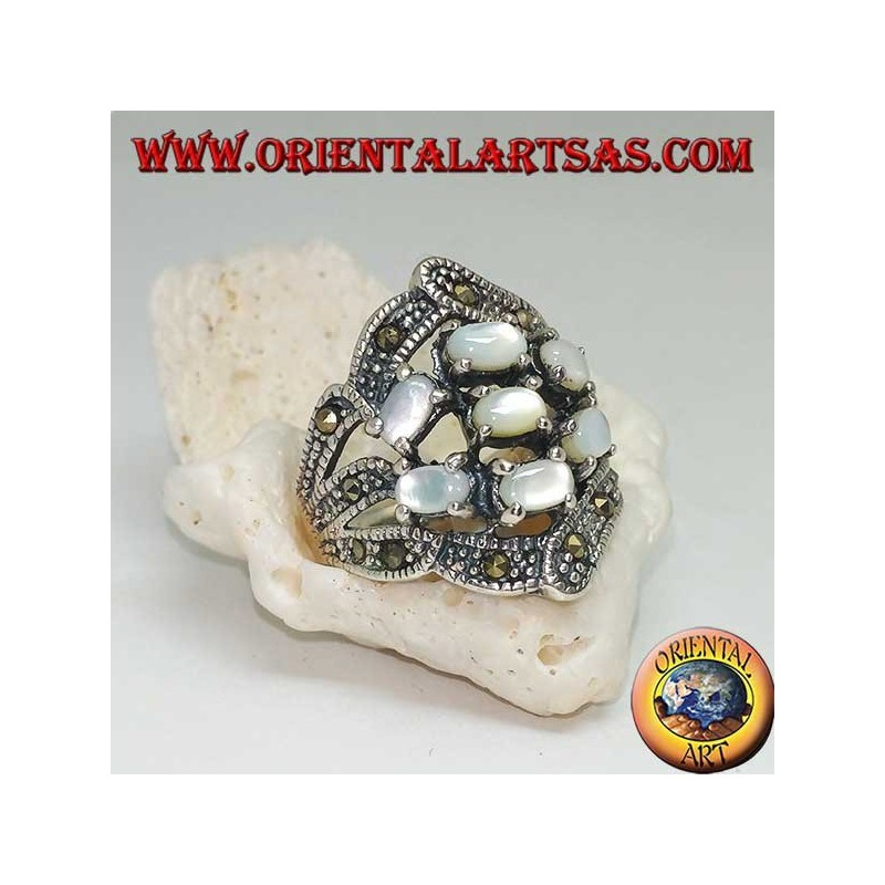 Silver ring with seven oval mother-of-pearl set and marcasite