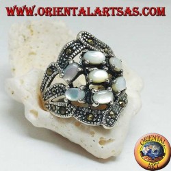 Silver ring with seven oval mother-of-pearl set and marcasite
