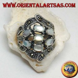 Silver ring with seven oval mother-of-pearl set and marcasite