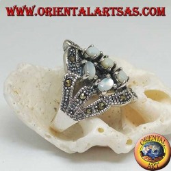 Silver ring with seven oval mother-of-pearl set and marcasite