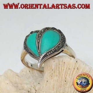 Bague en argent avec coeur turquoise et bordure en marcassite