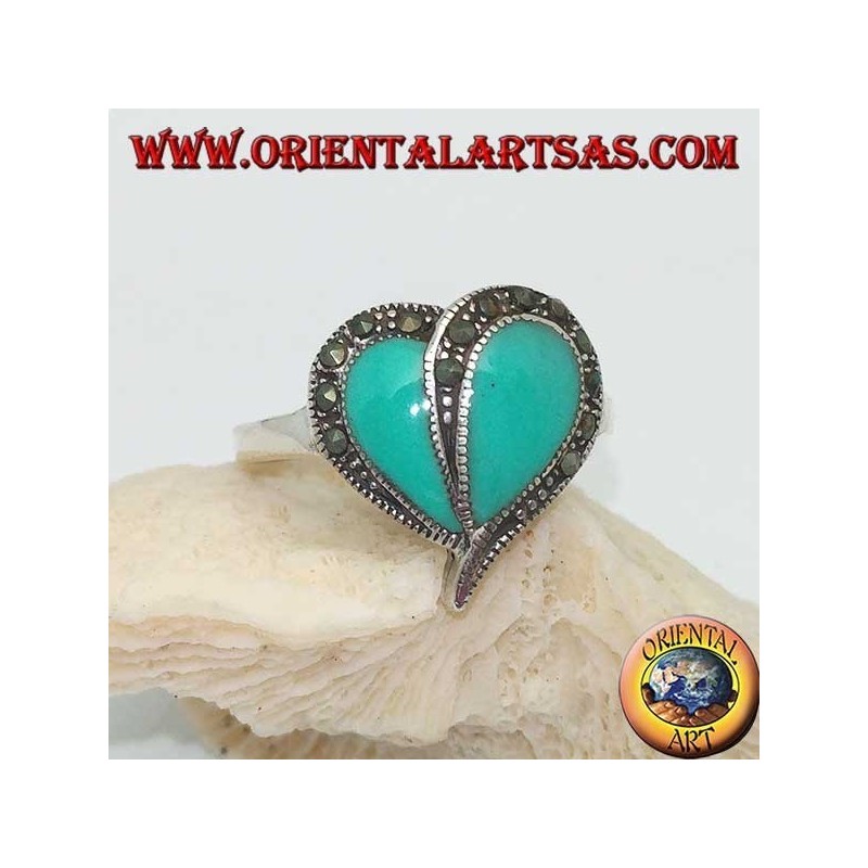 Anillo de plata con corazón turquesa y borde de marcasita