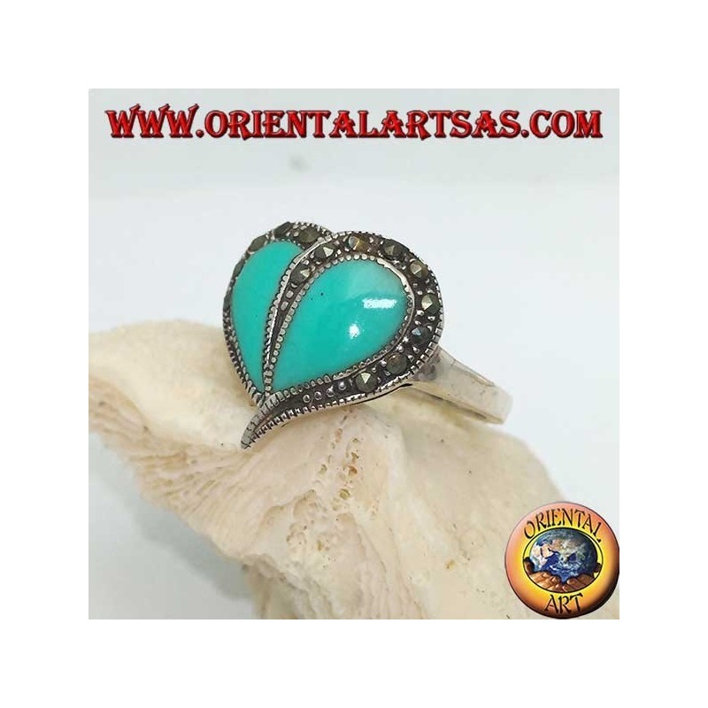 Silver ring with turquoise heart and marcasite border