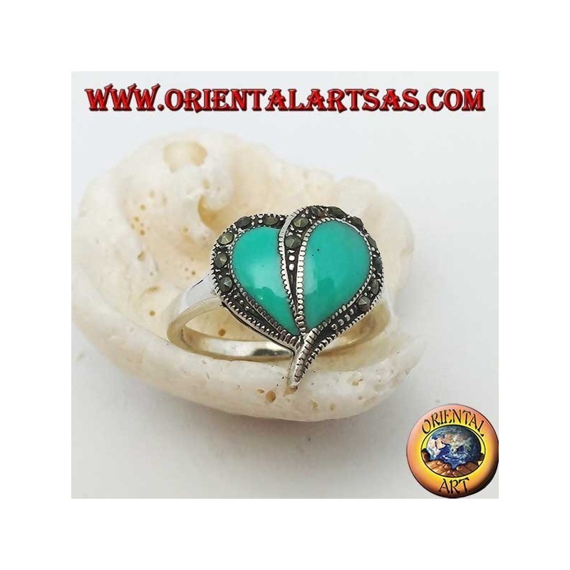 Bague en argent avec coeur turquoise et bordure en marcassite