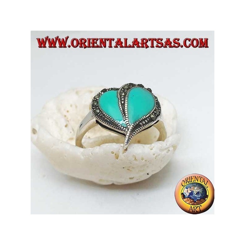 Bague en argent avec coeur turquoise et bordure en marcassite