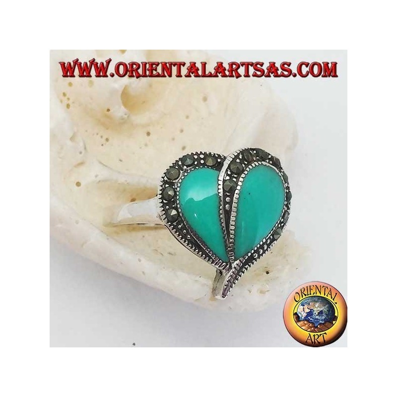 Bague en argent avec coeur turquoise et bordure en marcassite
