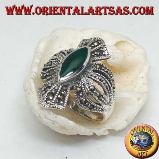 Silver ring cross studded with marcasites with central shuttle green agate
