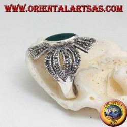Silver ring cross studded with marcasites with central shuttle green agate