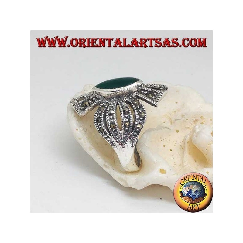 Silver ring cross studded with marcasites with central shuttle green agate