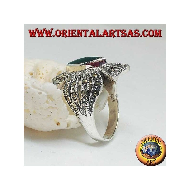 Silver ring cross studded with marcasites with central shuttle green agate