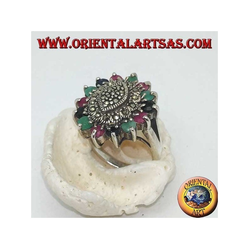Ring in shuttle silver on oval with marcasite surrounded by rubies, emeralds and round sapphires set