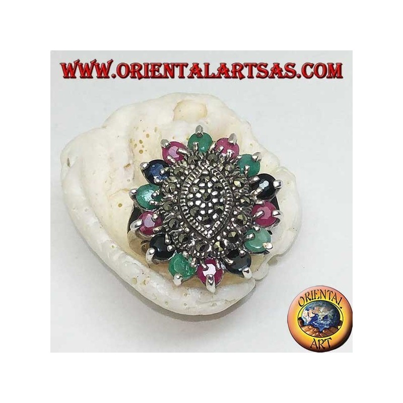 Ring in shuttle silver on oval with marcasite surrounded by rubies, emeralds and round sapphires set