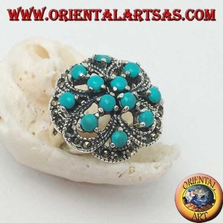 Alternating openwork silver ring with double cross with round turquoise set and marcasite