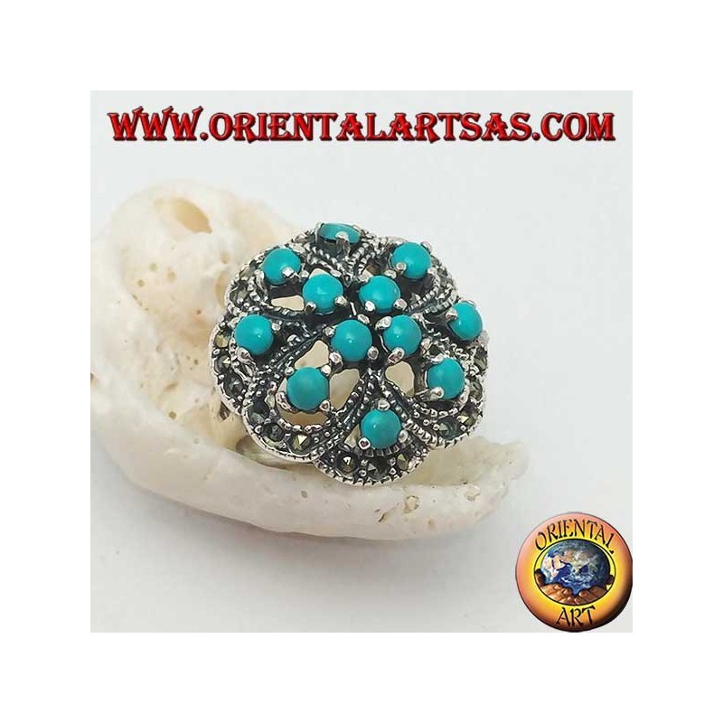 Anillo alterno calado de plata con doble cruz con conjunto redondo turquesa y marcasita