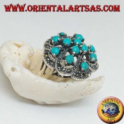Alternating openwork silver ring with double cross with round turquoise set and marcasite